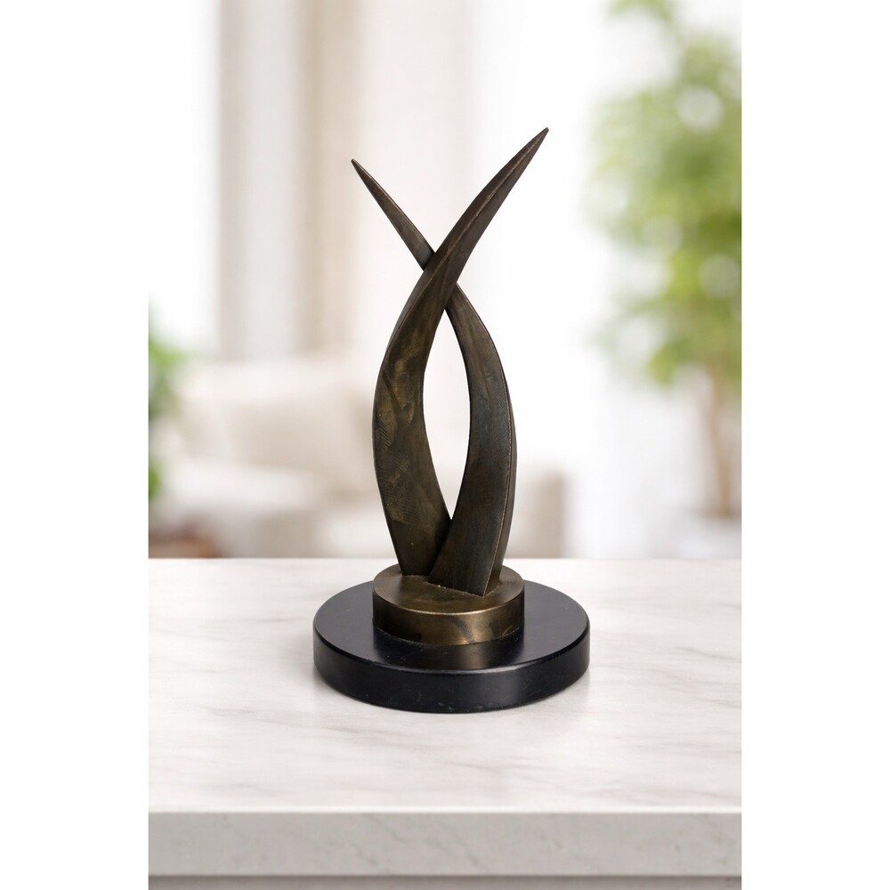 Abstract Bronze Twisting Sculpture on Black Marble Base